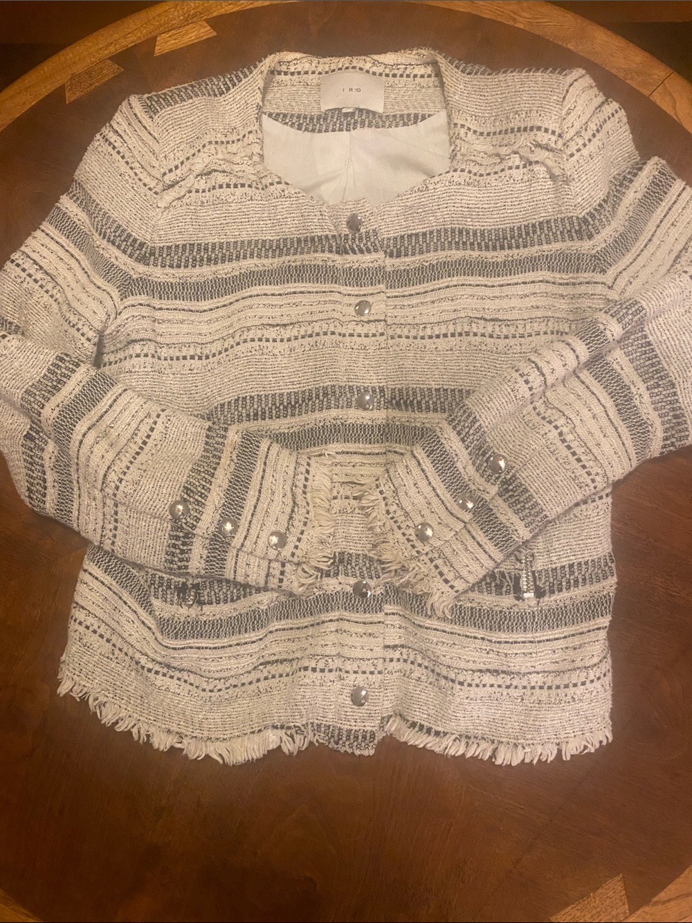 IRO Ivory and Black Striped Textured Woven Jacket With Silver Hardware